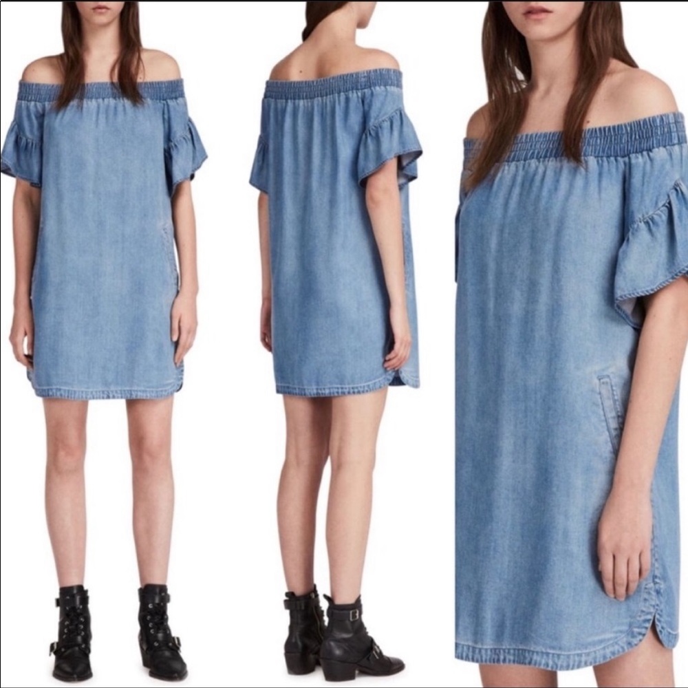 All Saints Adela Chambray Off Shoulder Dress Blue